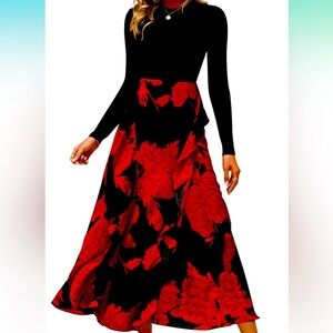 BTFBM Floral Maxi Dress Crewneck Long Sleeve Ruffle Flowy, size L